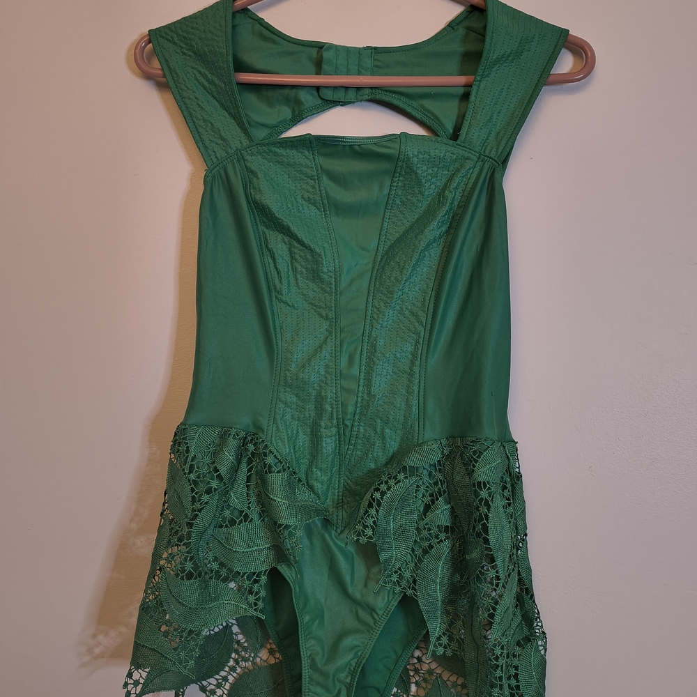 Women's Green Leotard With Attached Lace Skirt L